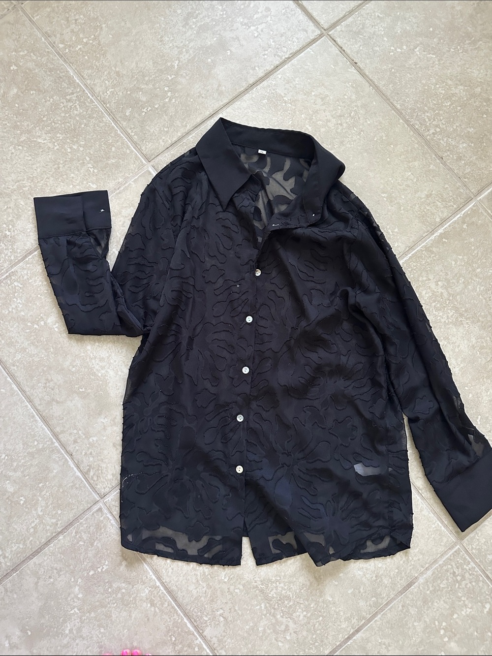 Women’s Black Sheer Patterned Button-Up Shirt Jacket